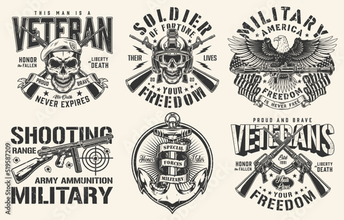 Stampa su tela Military set vintage sticker monochrome