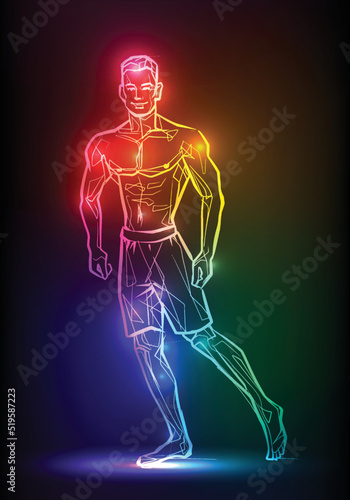Bodybuilder muscle man fitness posing. Banner with neon silhouette of sexy man figure, beautiful silhouettes, nightclub, striptease, sex shop advertisement, vector illustration