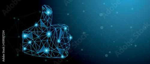 Polygonal Hand with thumb up and like sign from particles, lines and triangles on blue background from Tecnologia. Polygonal wireframe silhouette of a hand finger up