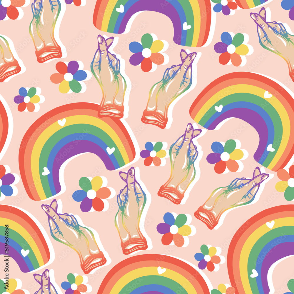 Vector illustration. Korean symbol hand heart. LGBT rainbow. Gay pride. LGBT concept. Pattern. Light background, wallpaper