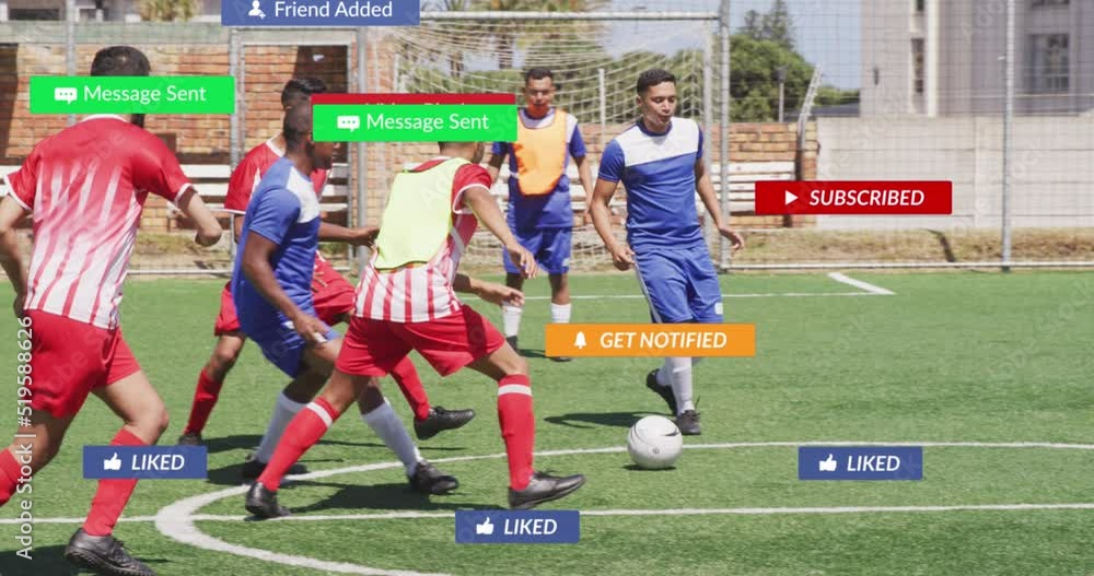 Animation of social media icons over team of male soccer players playing soccer on sports field Animation of social media icons over team of male soccer players playing soccer on sports field