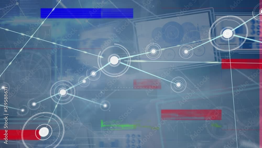 Animation of digital connecting dots with lines, screens with graphs and colorful distorted glitch Animation of digital connecting dots with lines, screens with graphs and colorful distorted glitch