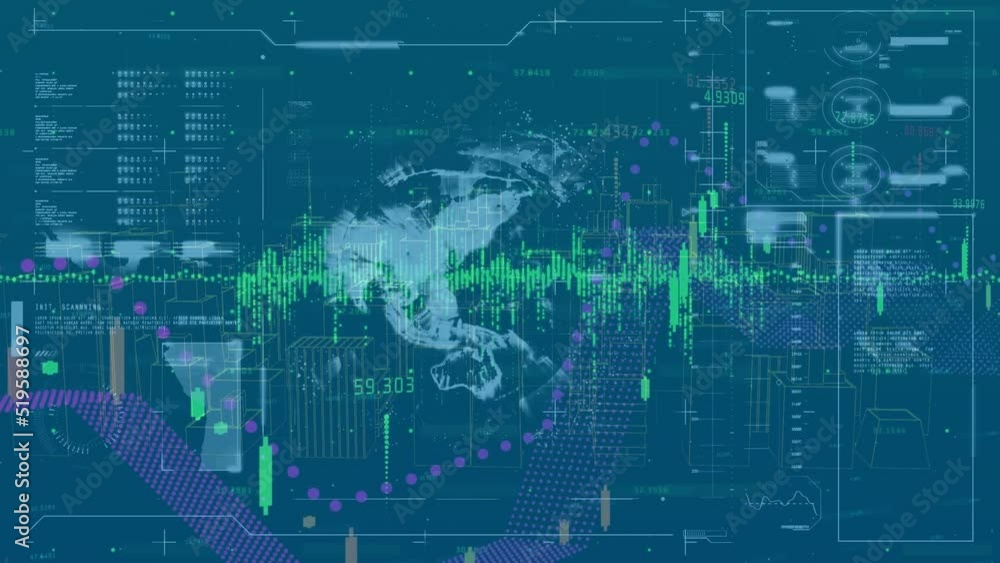 Animation of data processing, globe and graphs on blue digital screen Animation of data processing, globe and graphs on blue digital screen
