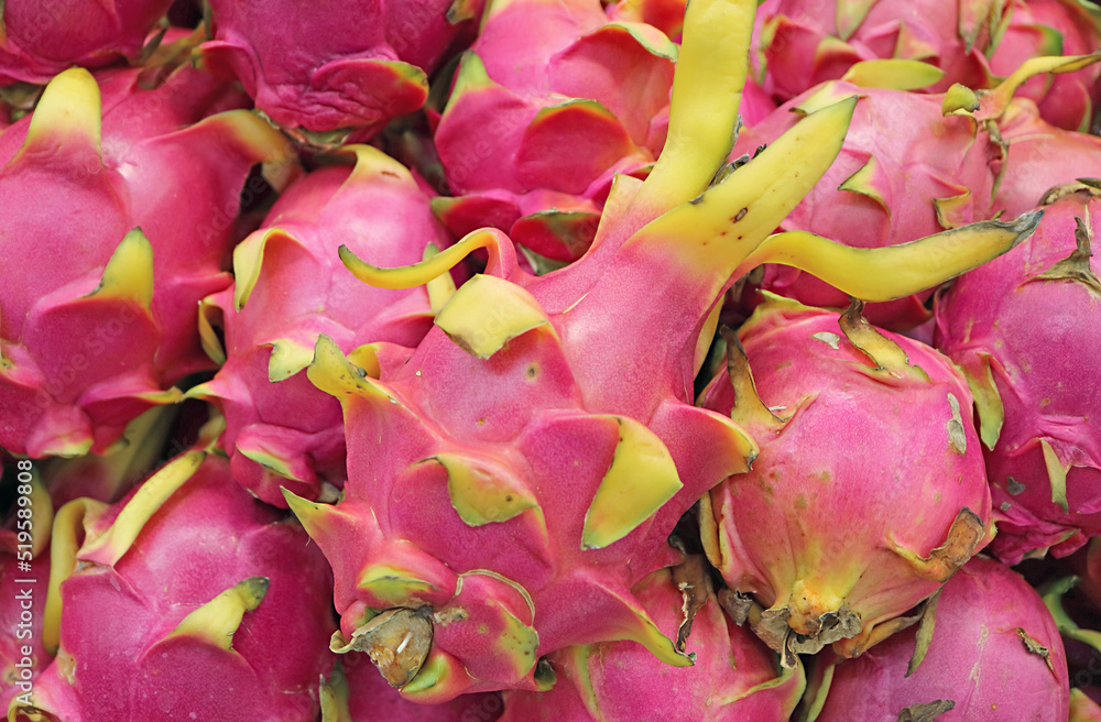 Pile of Fresh Ripe Dragon Fruits (Pitaya) For Sale on the Market Pile of Fresh Ripe Dragon Fruits (Pitaya) For Sale on the Market