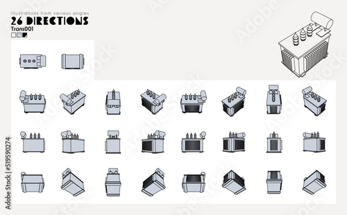 電気工事や工場に使える変圧器のイラストセット