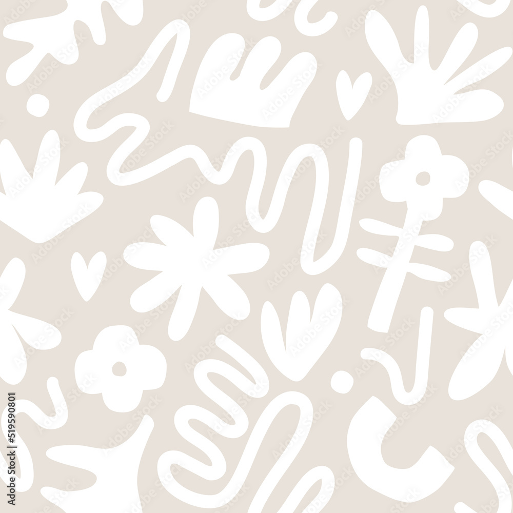 Contemporary art collage with abstract shapes and flowers. Vector seamless pattern with Scandinavian cut out elements.