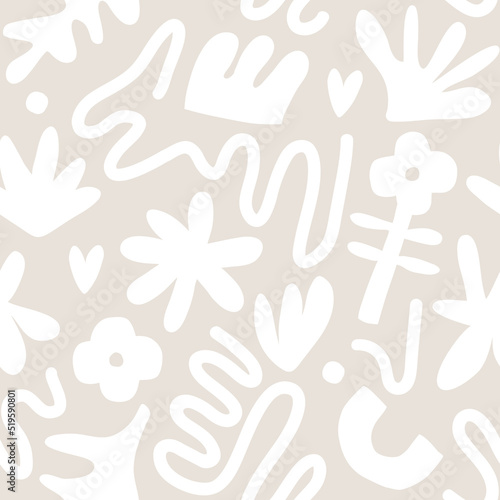 Contemporary art collage with abstract shapes and flowers. Vector seamless pattern with Scandinavian cut out elements.