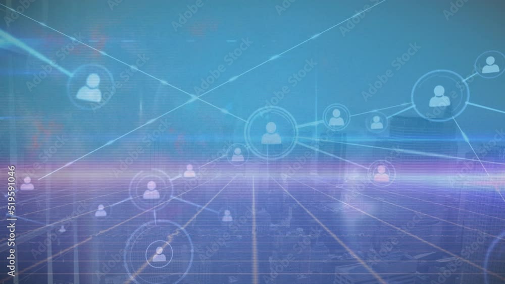 Animation of network of connections with icons over blue background Animation of network of connections with icons over blue background