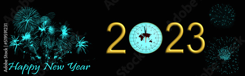 Bannière bonne année 2023 avec horloge indiquant presque minuit et feu d'artifice