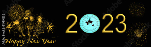 Bannière bonne année 2023 avec horloge indiquant presque minuit et feu d'artifice