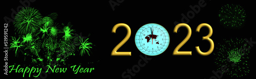 Bannière bonne année 2023 avec horloge indiquant presque minuit et feu d'artifice