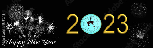 Bannière bonne année 2023 avec horloge indiquant presque minuit et feu d'artifice