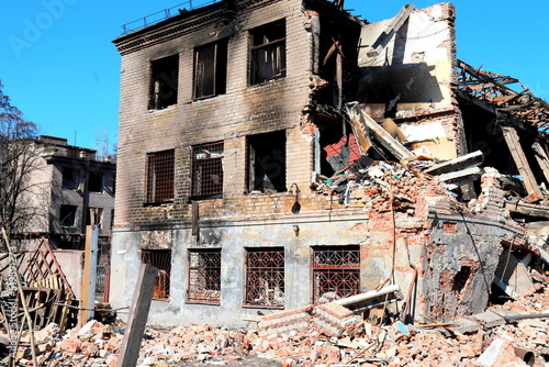 Ruined house Ukraine. Destroyed and burnt civilian building after rocket attack of Russian in Ukrainian city Dnipro. Russia war in Ukraine, shelling, destruction of houses.