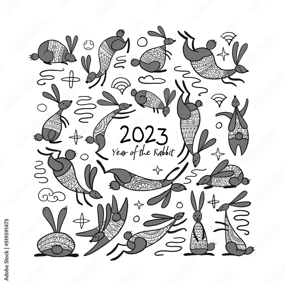 Happy chinese new year 2023 of the rabbit zodiac sign. Funny Bunnies concept art. Christamas Card. Vector illustration
