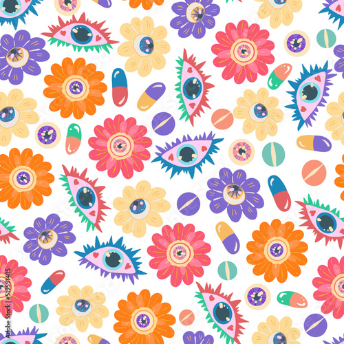 Groovy retro style. Hippie elements. Psychedelic flowers with eyes, various eyes, vitamins. Vector seamless patterns. Light background, wallpaper