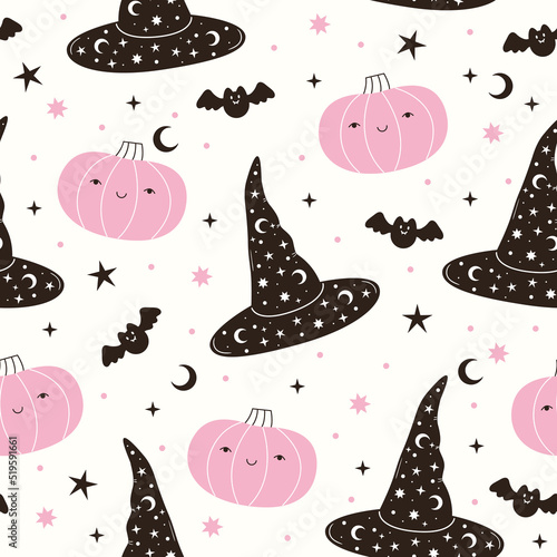 Seamless vector pattern with black witch hat, bat and pink pumpkin. Halloween background with magic elements. Spooky doodle texture for design and print