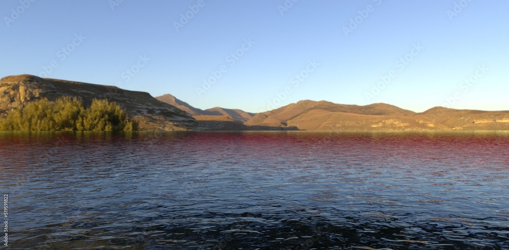 Water. Mountain Lake. The sun is reflected on the surface with a red tint. 3d render.