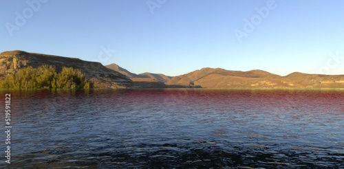 Water. Mountain Lake. The sun is reflected on the surface with a red tint. 3d render.