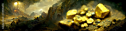 Artistic painting concept of gold mine and small gold nuggets lie scattered on the ground. Creative Design, natural colors, digital art style, illustration painting.