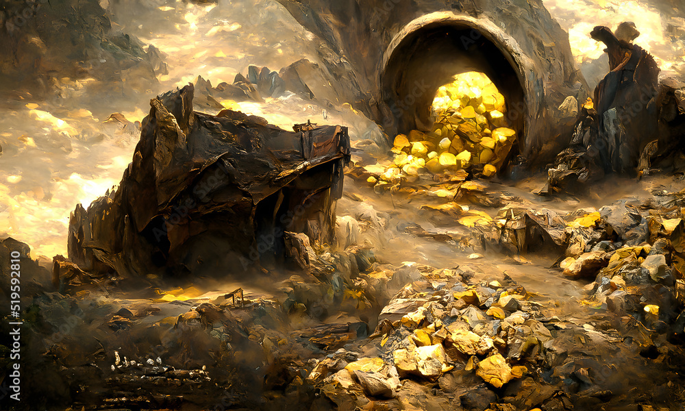Artistic painting concept of gold mine and small gold nuggets lie scattered on the ground