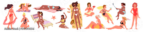 Fotografija Bikini girls chill on beach set vector illustration