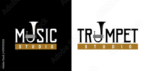 Vintage brass musical instrument. With simple trumpet cornet icon. On gold, white, and black colors. For jazz music studio logo design
