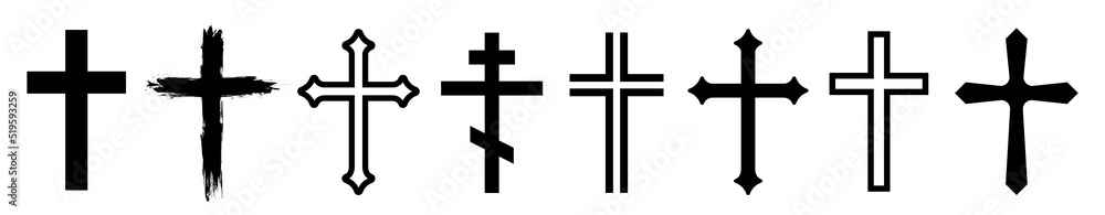 Christian Cross icons collection. Flat, line and grunge simple Christian cross icon set.