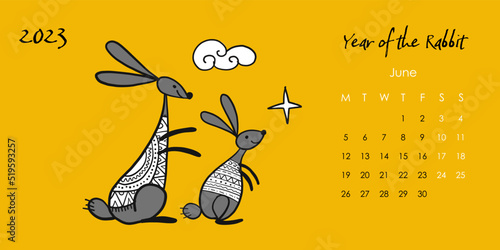 Happy chinese new year 2023 of the rabbit zodiac sign. Calendar template. Fun...