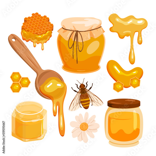Bee honey set vector illustration. Cartoon isolated gold drops of organic sweet liquid flow from hexagon honeycomb and spoon to jar, splash of healthy natural honey from apiary, honeybee and flower