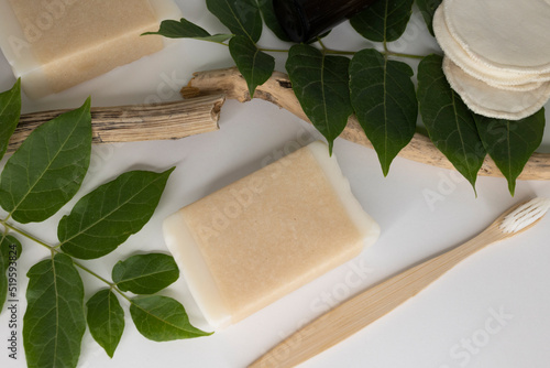 Wallpaper Mural Flat lay top view soap in kraft paper and bamboo reusable toothbrush and reusable sponges green leaves and wooden drift wood. Concept: Zero waste eco friendly bath accessories Torontodigital.ca