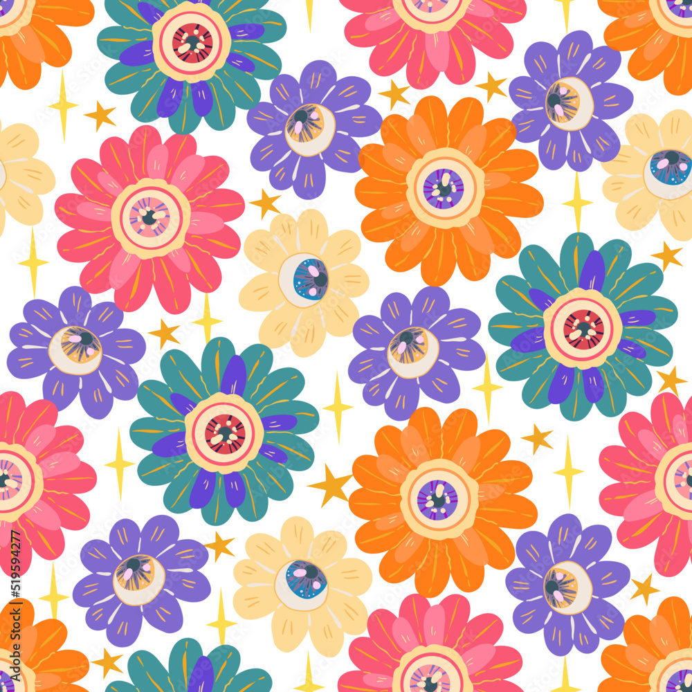 Groovy retro style. Hippie elements. Psychedelic flowers with eyes. Vector illustration. Pattern. Light background, wallpaper, cartoon style