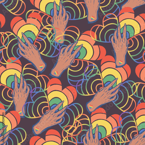 Hands holding hearts LGBT rainbow. Vector illustration. Pattern. Dark background  wallpaper