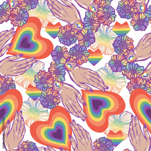Vector illustration. Hands holding heart LGBT rainbow.  Pattern. Light background  wallpaper