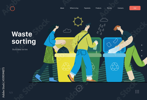 Ecology - Waste sorting -Modern flat vector concept illustration of a young man putting a paper journals into the garbage container for paper waste. Creative landing web page template