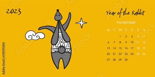 Happy chinese new year 2023 of the rabbit zodiac sign. Calendar template. Fun...