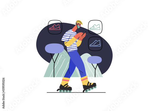 Online shopping - electronic commerce series - modern flat vector concept illustration of a man wearing roller skates and shopping on the go. Promotion, discounts, sale and online orders concept