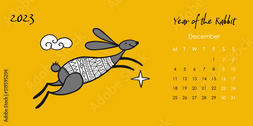 Happy chinese new year 2023 of the rabbit zodiac sign. Calendar template. Fun...