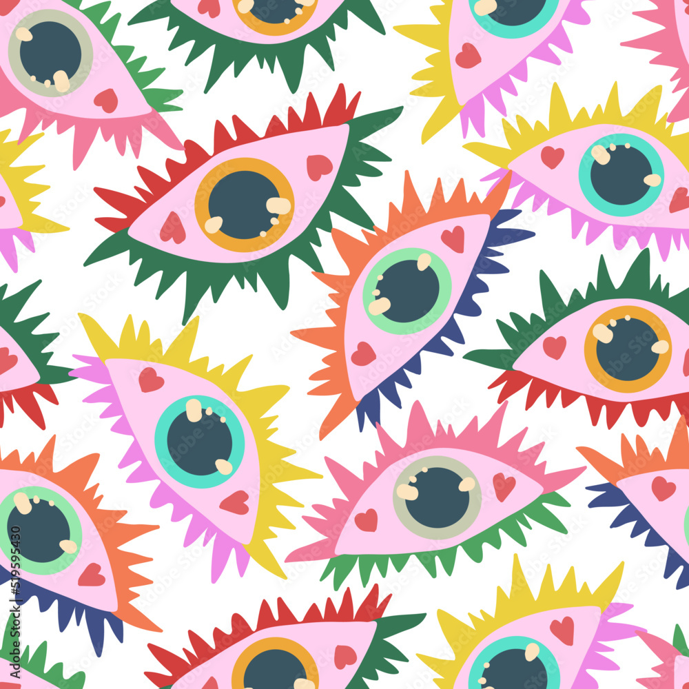 Groovy retro style. Hippie elements. Psychedelic various eyes. Vector illustration. Pattern. Light background, wallpaper, cartoon style