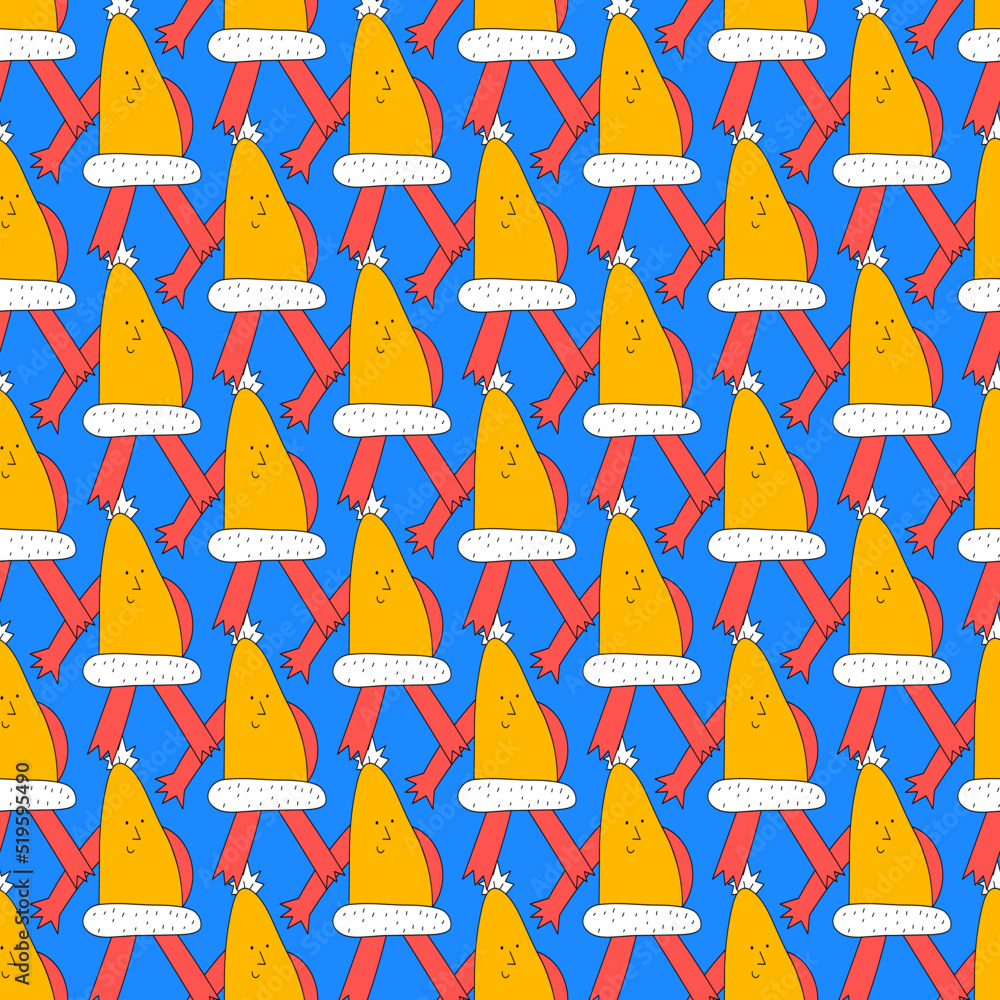 square vector seamless pattern-christmas santa claus hat.1970 good vibes.Funky and groovy 1960 psychedelic new year.Vibrant winter party.Crazy cartoon character.Retro funny christmas holiday ornament