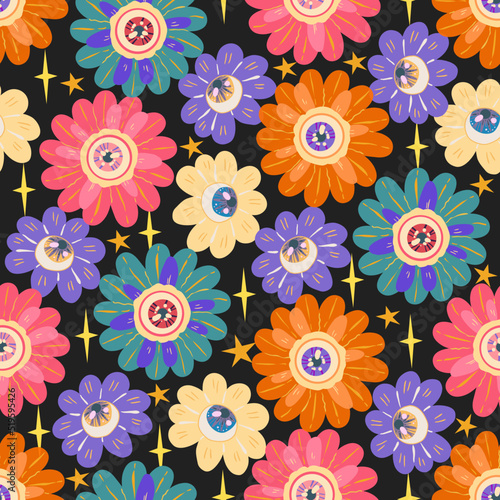 Groovy retro style. Hippie elements. Psychedelic flowers with eyes. Vector illustration. Pattern. Dark background  wallpaper  cartoon style