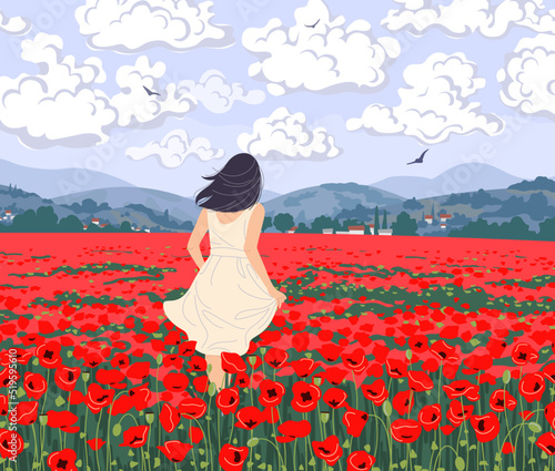 Young Woman Enjoys the Poppies Field