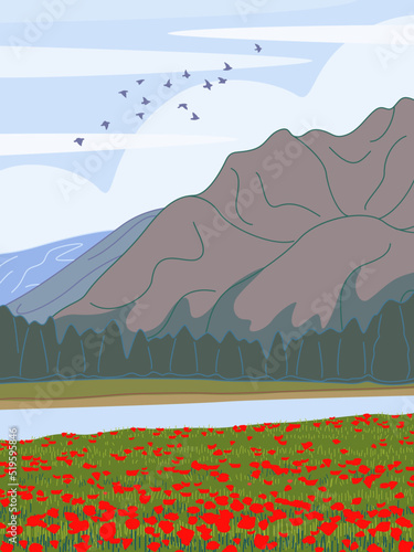 Fototapeta Naklejka Na Ścianę i Meble -  Landscape with  Mountains,  River,  Poppy Field and  Flying Birds