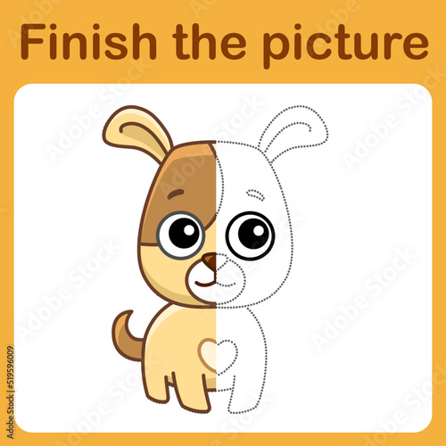 Connect the dot and complete the picture. Simple coloring book of dog. Drawing game for children
