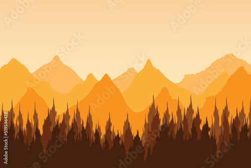 Adventure Background With Silhouette Mountain And Tree. Spring And Summer Banner. Wild Forest. Wallpaper. Vector Illustraiton