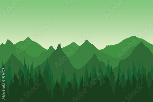 Adventure Background With Silhouette Mountain And Tree. Wild Forest. Wallpaper. Vector Illustraiton