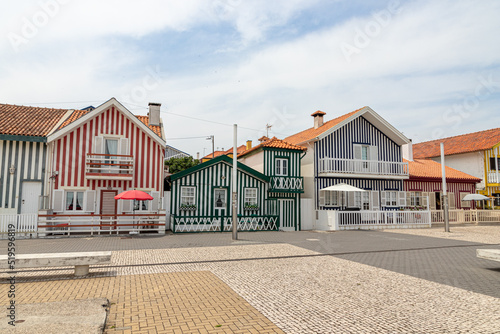 Costa Nova do Prado, Portugal. The famous colored wooden houses known as palheiros