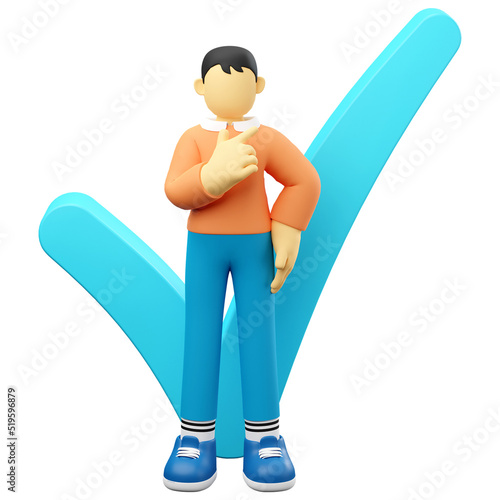 3D illustration man standing with big check mark