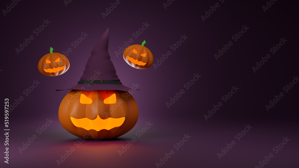 Halloween Background, Concept banner, poster of pumpkin ghost on purple background. 3d rendering Halloween Background, Concept banner, poster of pumpkin ghost on purple background. 3d rendering
