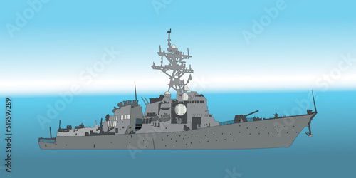 Battleship, US Navy Arleigh Burke-class Flight II guided missile destroyer in the Atlantic USA, Military Ship, Destroyer, Missile, Armed Forces. Vector image for illustrations and infographics.
