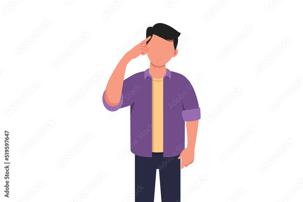 Business flat drawing young businessman touching his temples and remembering something. Male holding finger on head and feeling tired exhausted, chronic work stress. Cartoon draw vector illustration